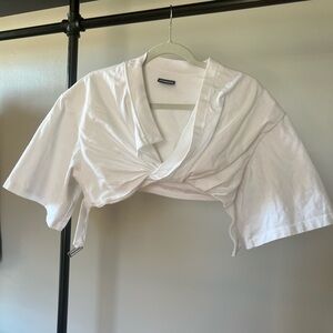 Cream Crop Blouse with Notched Collar and Tie Front